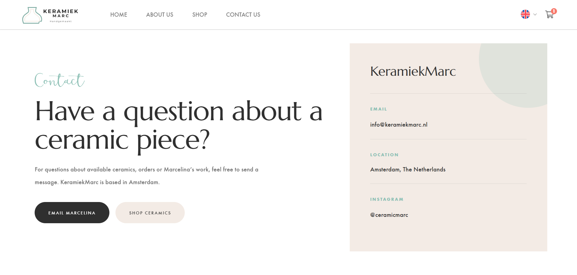 Pagina dei contatti di Keramiek Marc con e-mail, posizione e dettagli di Instagram.