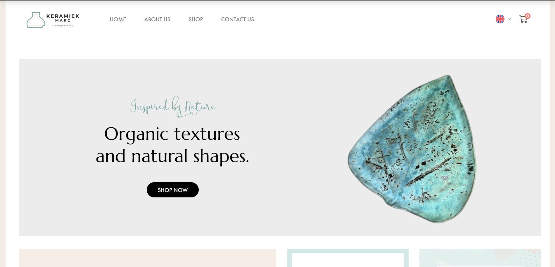 Nuova homepage Keramiek Marc con presentazione di prodotti premium e layout visivo raffinato.