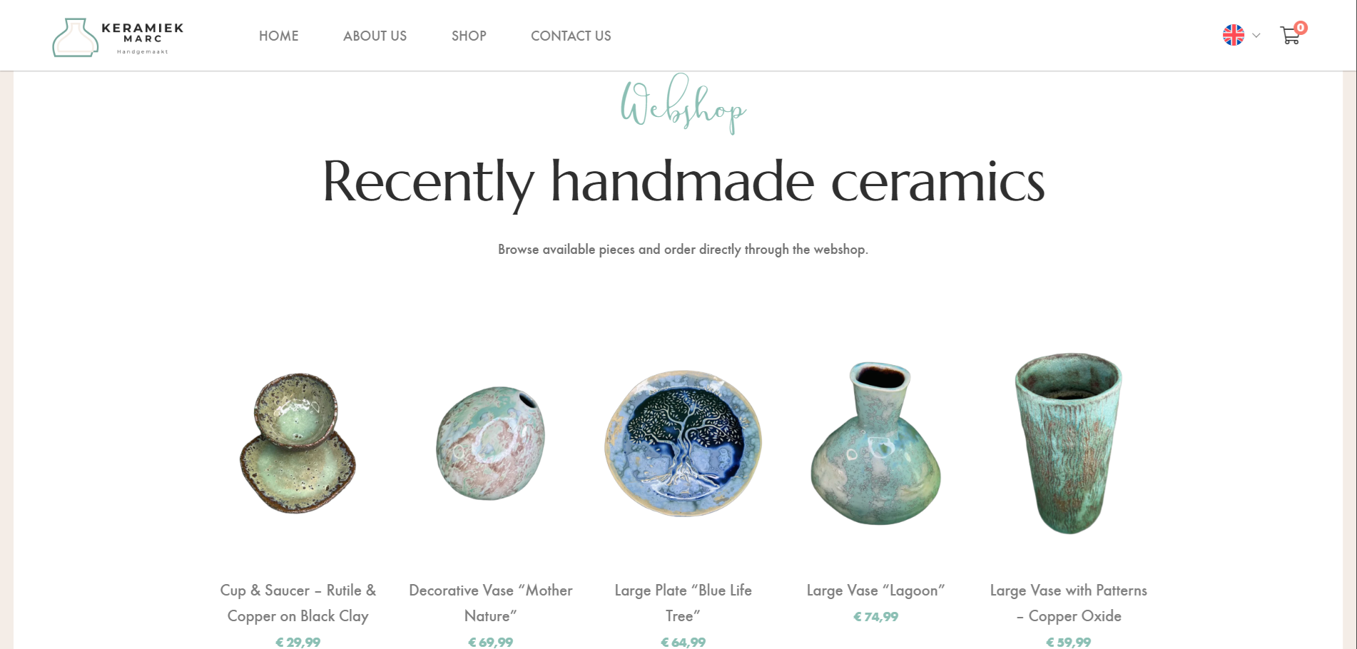 Sezione del webshop Keramiek Marc che presenta recenti prodotti in ceramica fatti a mano con prezzi visibili.
