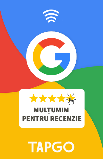 TapGO NFC design della scheda di revisione per Google review con colori del marchio e presentazione visiva premium.