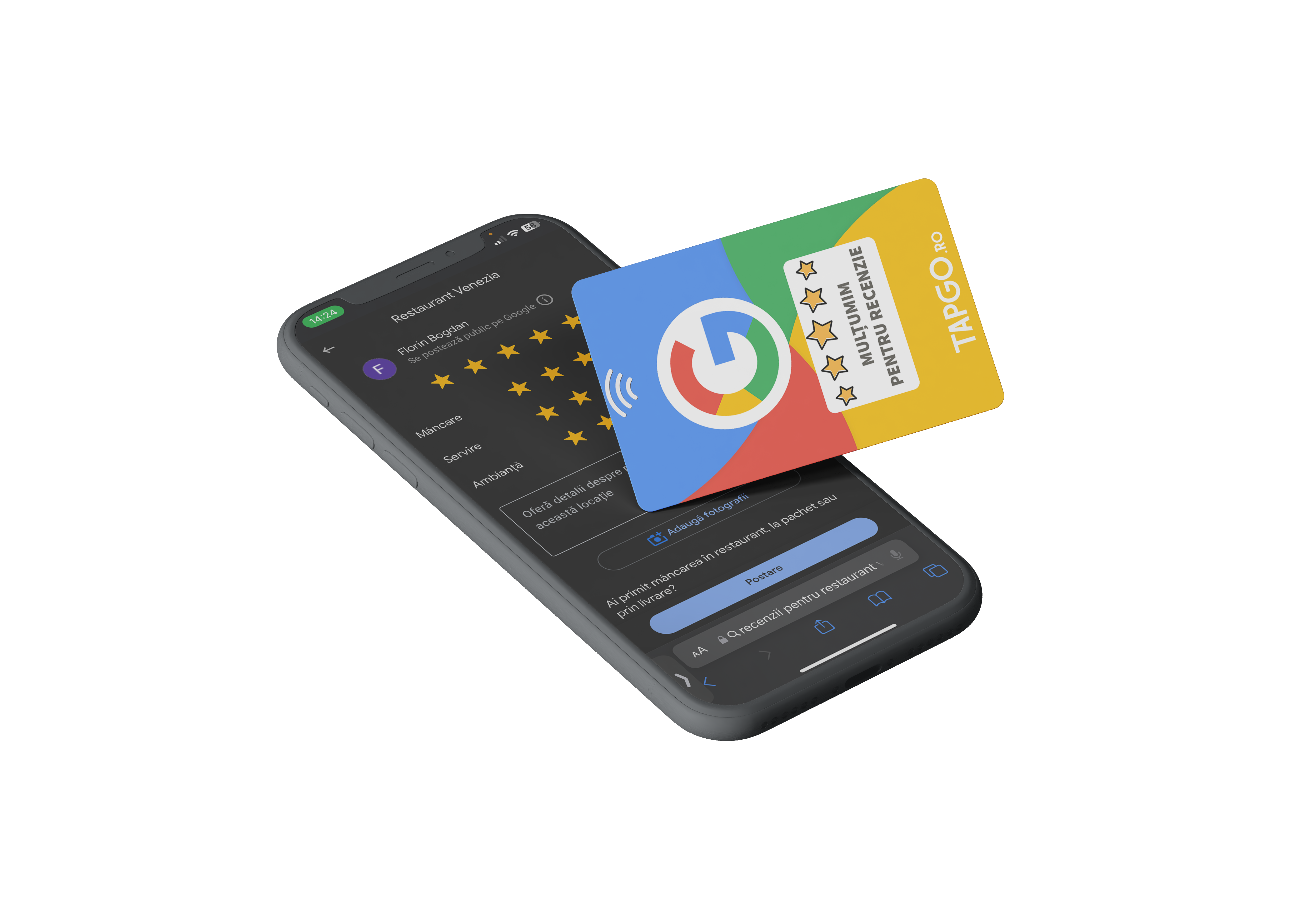 Scheda di revisione TapGO NFC mostrata accanto a un telefono cellulare che apre un flusso Google review dopo il tocco.