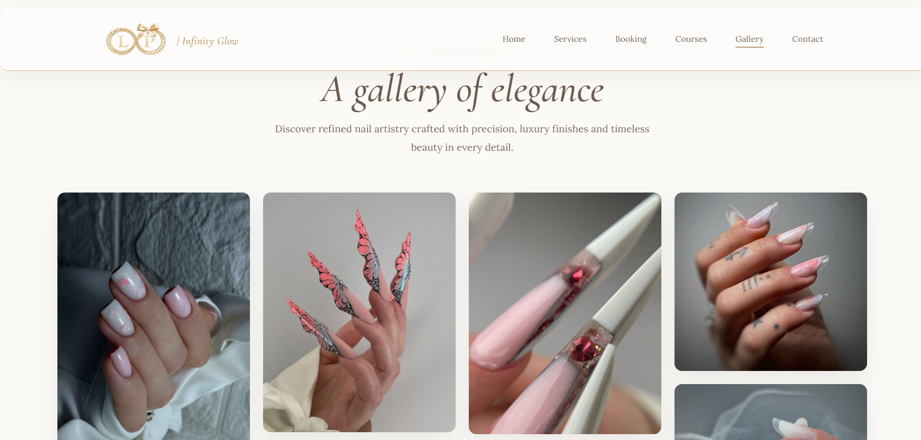 Pagina de galerie Infinity Glow, care conține unghii artistice premium și imagini de portofoliu.