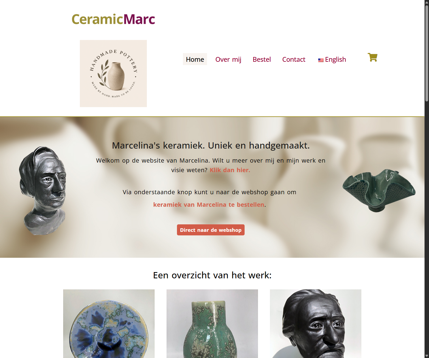 Vecchio sito web di Keramiek Marc con una struttura del portfolio più semplice e un punto di accesso al negozio online di base.