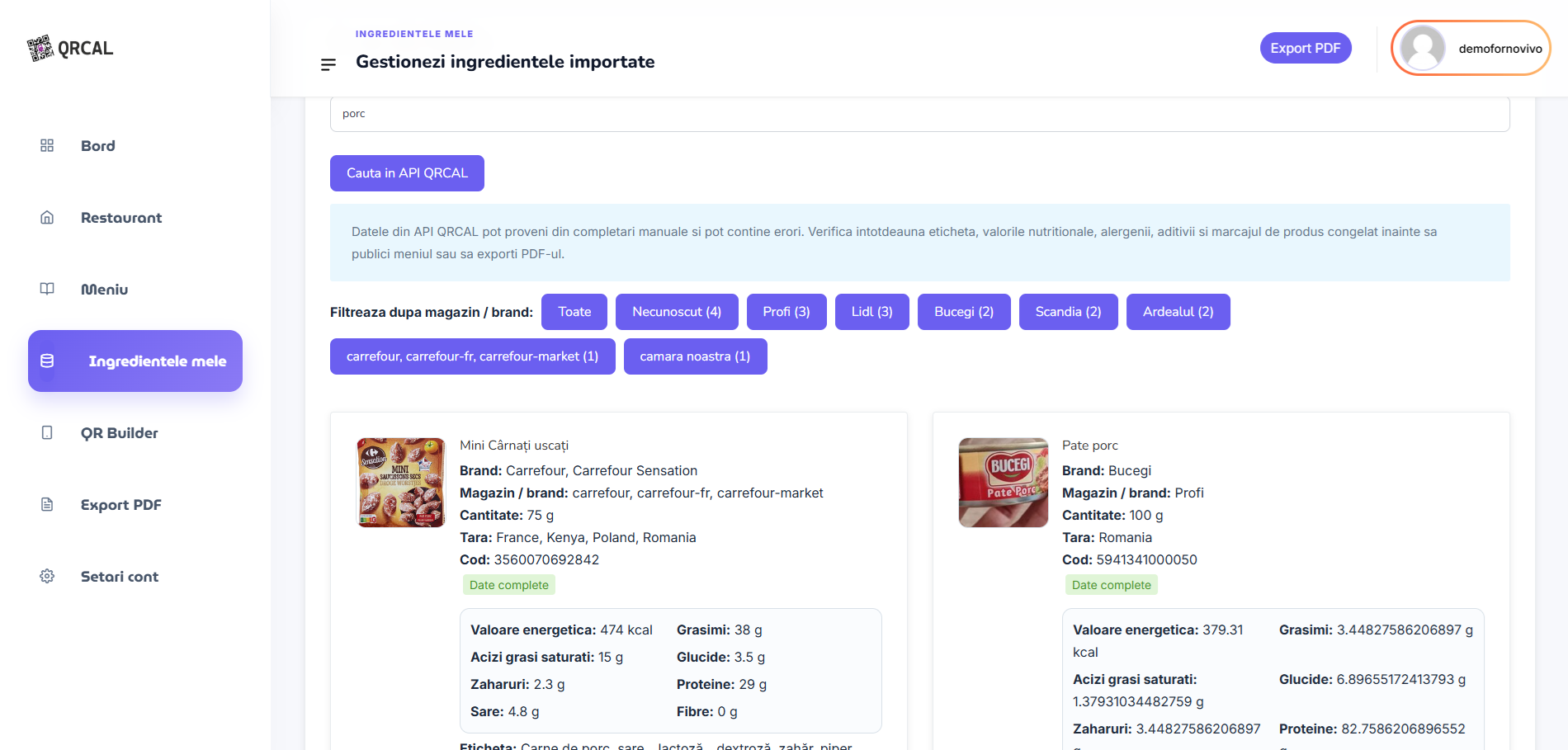 QRCAL integrazione API ingrediente con dati di prodotto importati e valori nutrizionali.