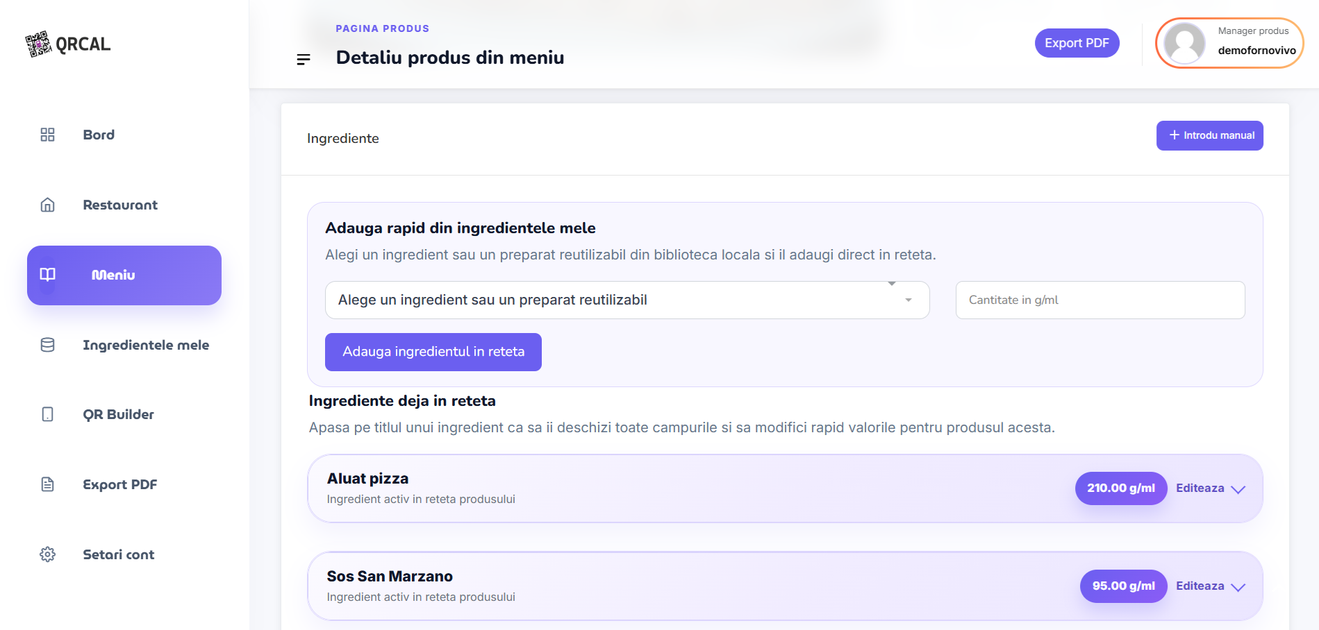 QRCAL generatore di ricette con ingredienti riutilizzabili e prodotti composti riutilizzabili.