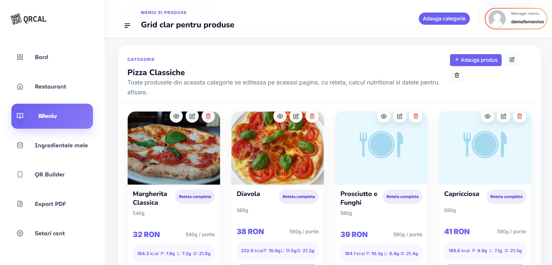 QRCAL dashboard del menu con schede prodotto modificabili, pesi, prezzi e valori nutrizionali.