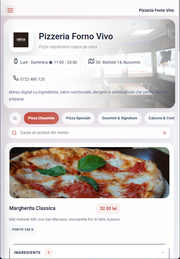 QRCAL menu online mobile che mostra i dati del ristorante, le categorie del menu e i dettagli del prodotto.