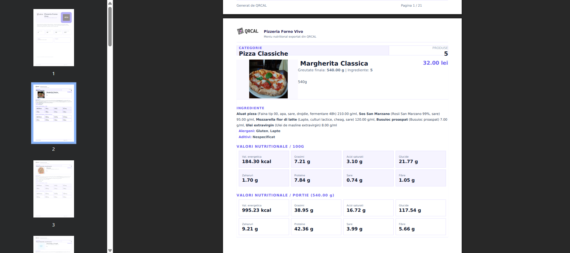 QRCAL menu PDF generato con valori nutrizionali, ingredienti e dettagli del prodotto.