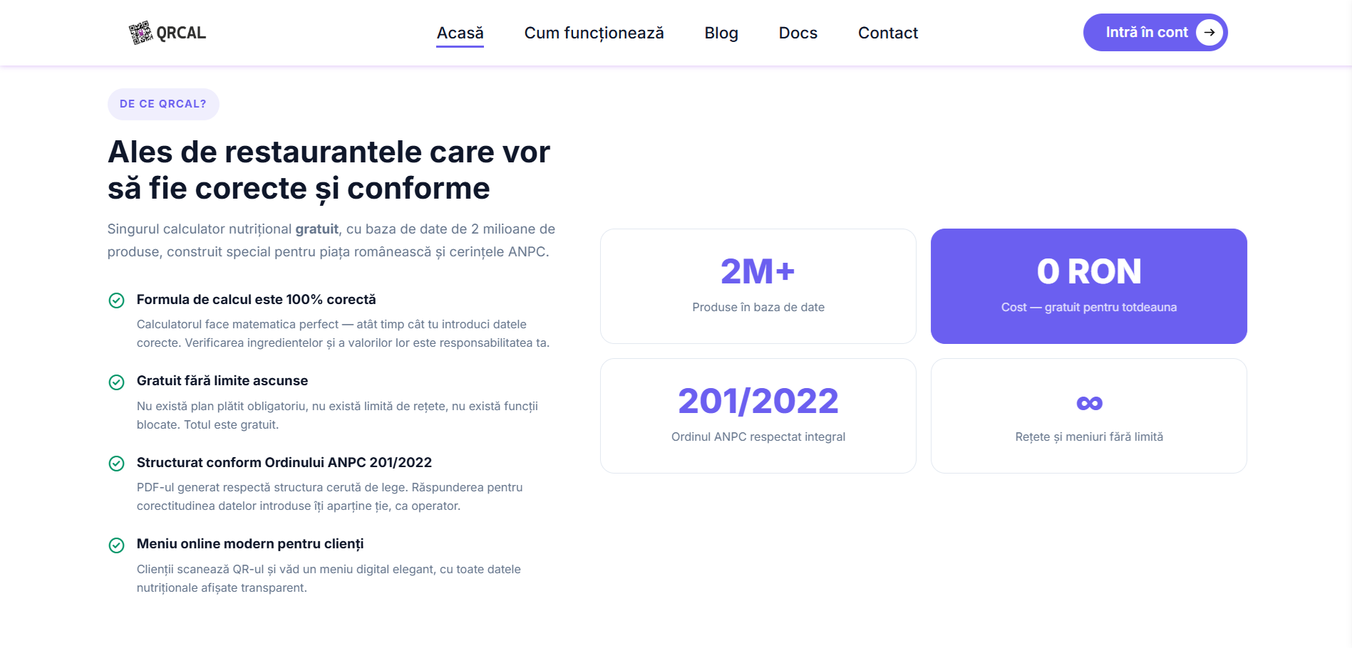 Sezione di presentazione QRCAL che evidenzia i prodotti 2M+, costo 0 RON e conformità ANPC 201/2022.