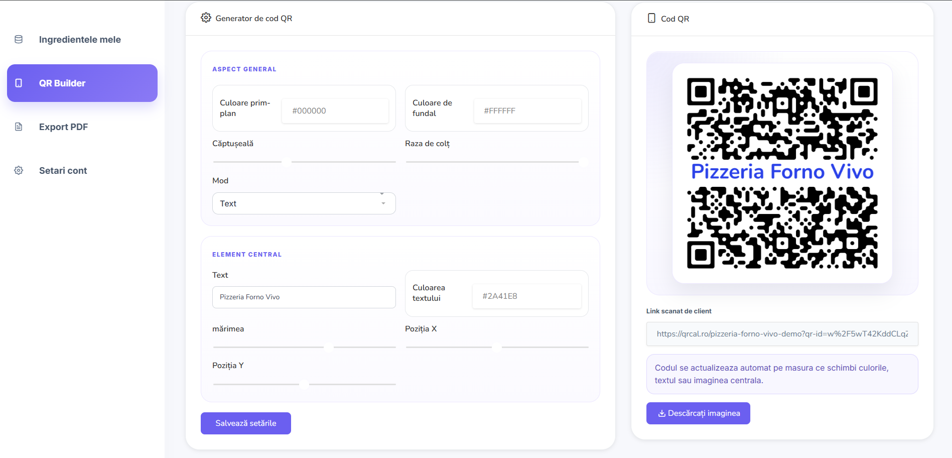 QRCAL Generatore di codici QR con output QR personalizzabile per l'accesso al menu del ristorante.