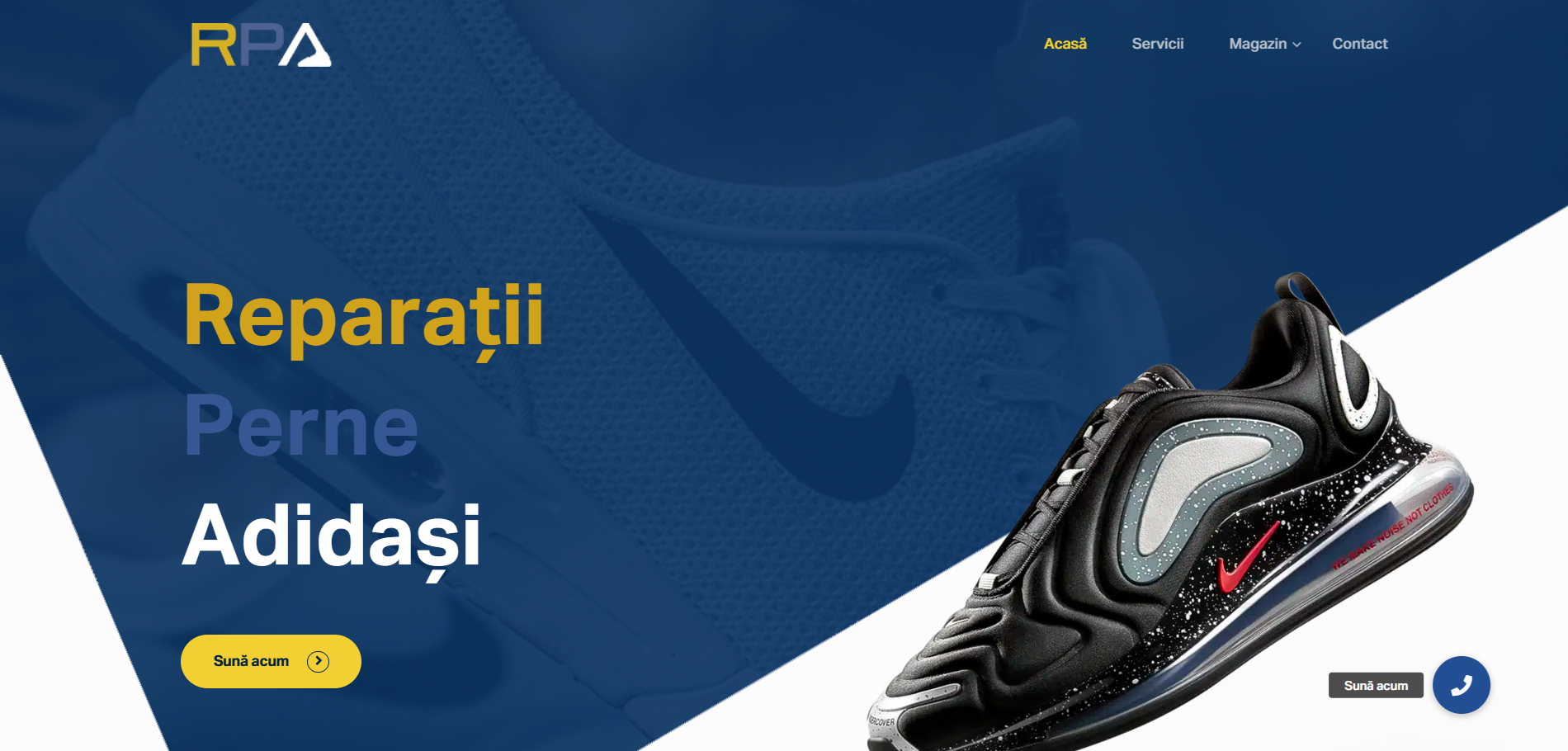 Home page Reparatii Perne Adidasi che presenta il marchio di riparazione specializzato e un invito all'azione.
