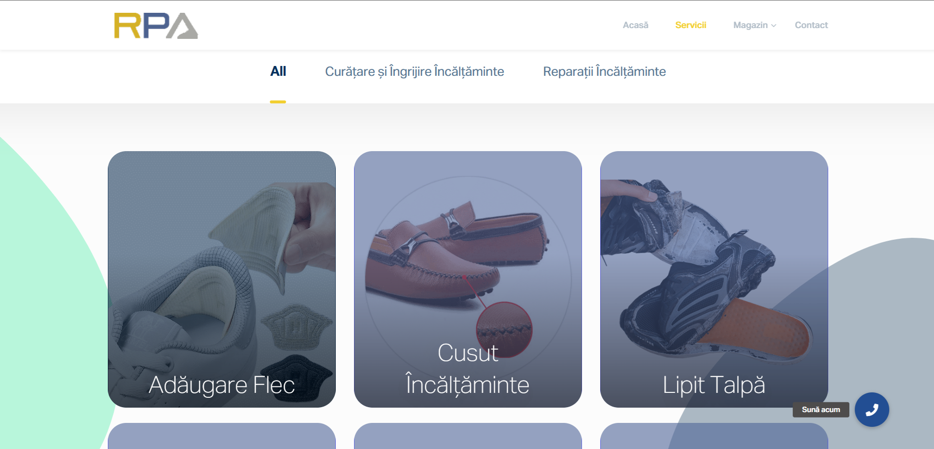 Pagina dei servizi Reparatii Perne Adidasi con categorie incentrate sulla riparazione e blocchi di offerte strutturati.