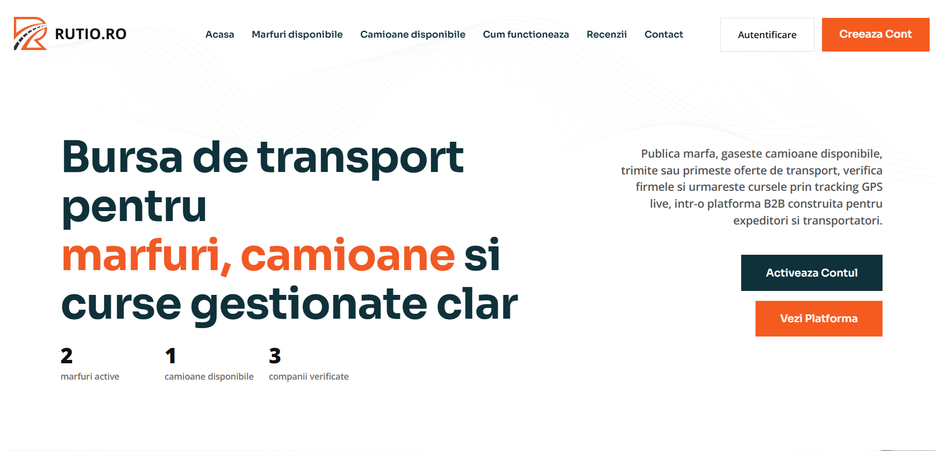 Homepage Rutio che presenta la piattaforma di trasporto B2B per merci, camion e gestione dei percorsi.
