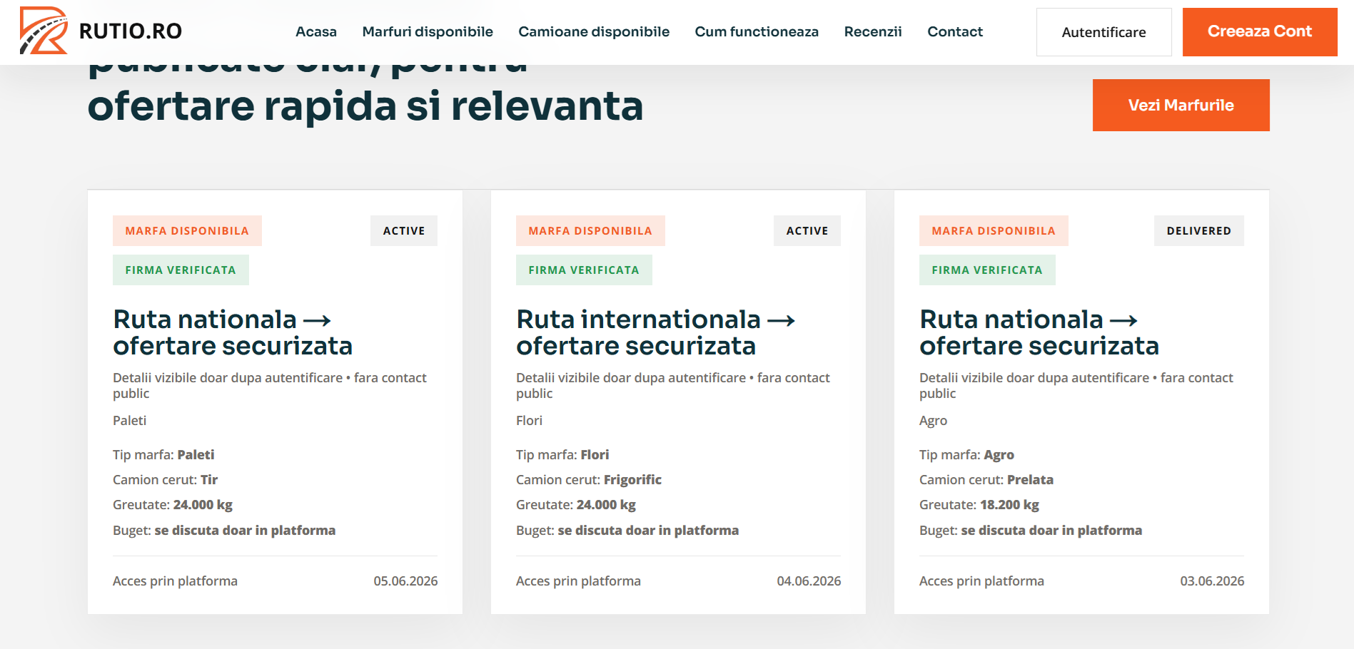 Rutio schede dei carichi disponibili che mostrano i tipi di percorso, i tipi di camion e i dettagli del budget protetto.