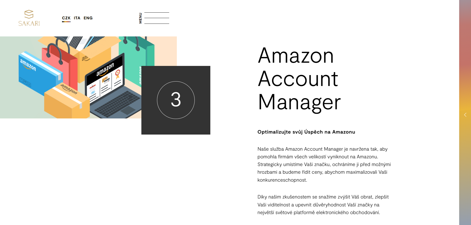 Sezione dei servizi Sakari.cz che evidenzia la gestione dell'account Amazon e il supporto per l'e-commerce.