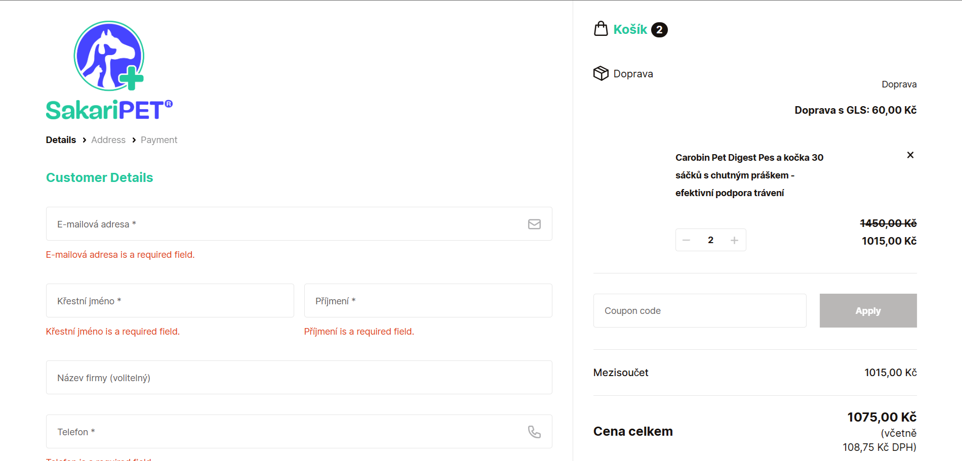 Pagina di pagamento Sakari-B2B per clienti all'ingrosso con campi aziendali, riepilogo dell'ordine e dettagli di spedizione.