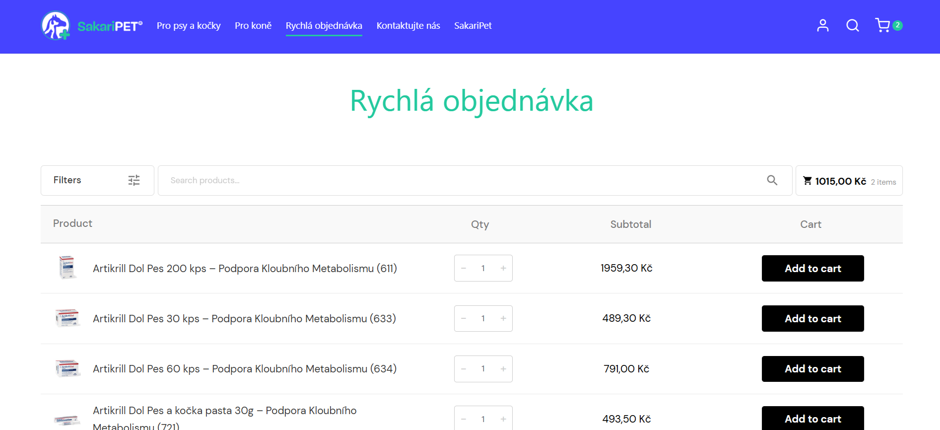Sakari-B2B pagina rapida per ordini in blocco con ricerca prodotti, controlli quantità e azioni dirette di aggiunta al carrello.