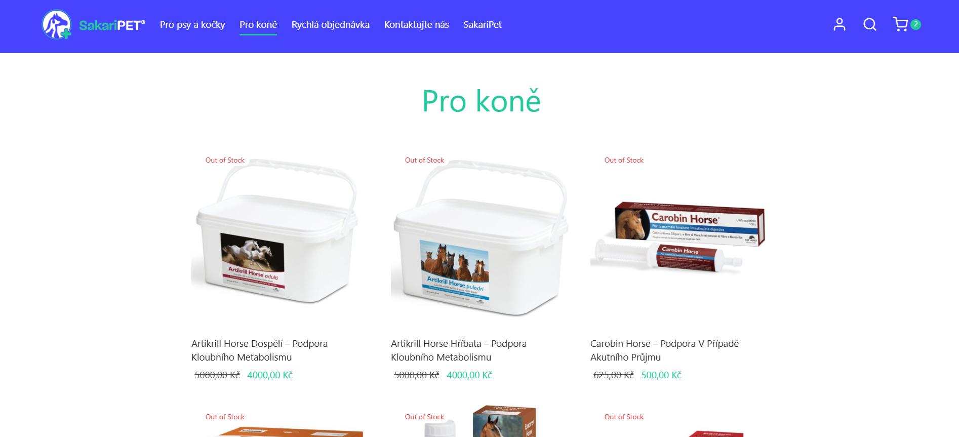 Sakari-B2B pagina della categoria prodotto che mostra gli articoli del catalogo all'ingrosso per integratori per cavalli.