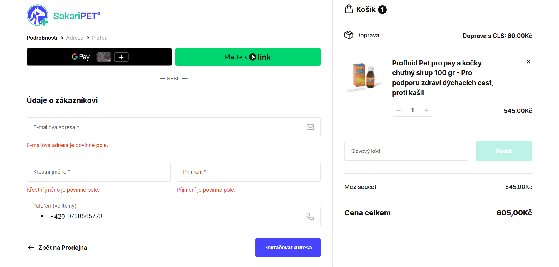 SakariPet checkout page showing a modern one-page order flow with summary and customer details.