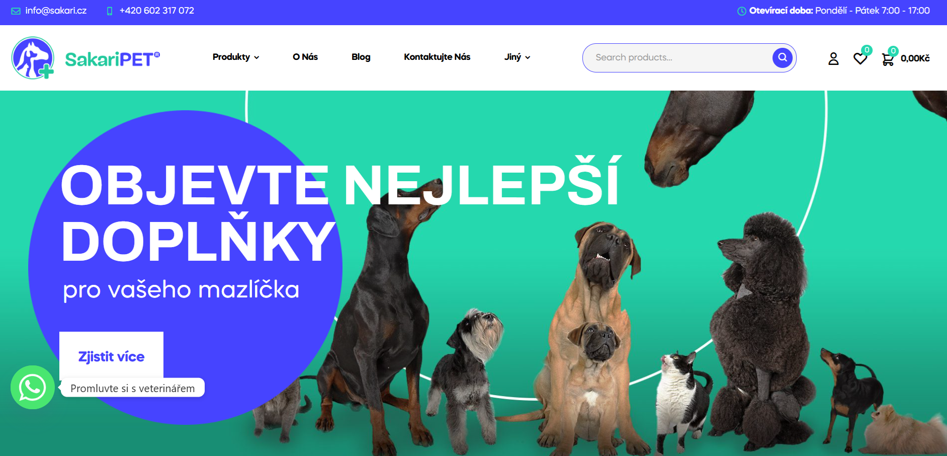 SakariPet homepage presenting a modern online store for pet nutritional supplements.
