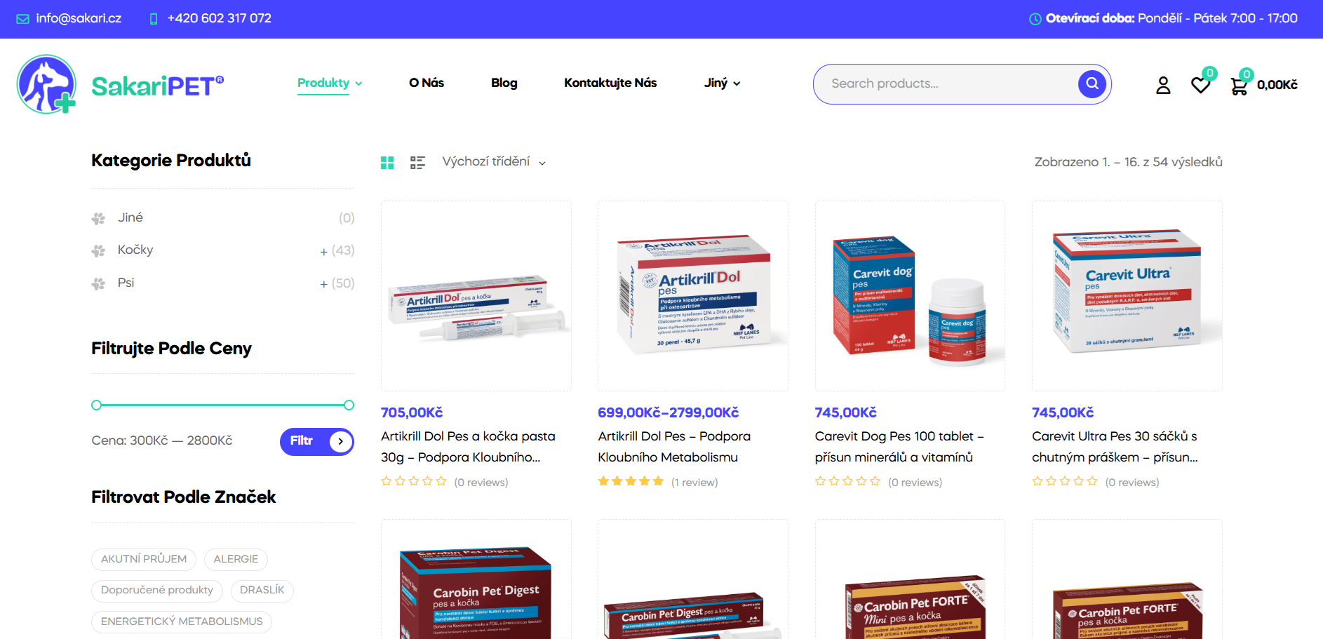 SakariPet online store catalog with category filters and structured product listing.