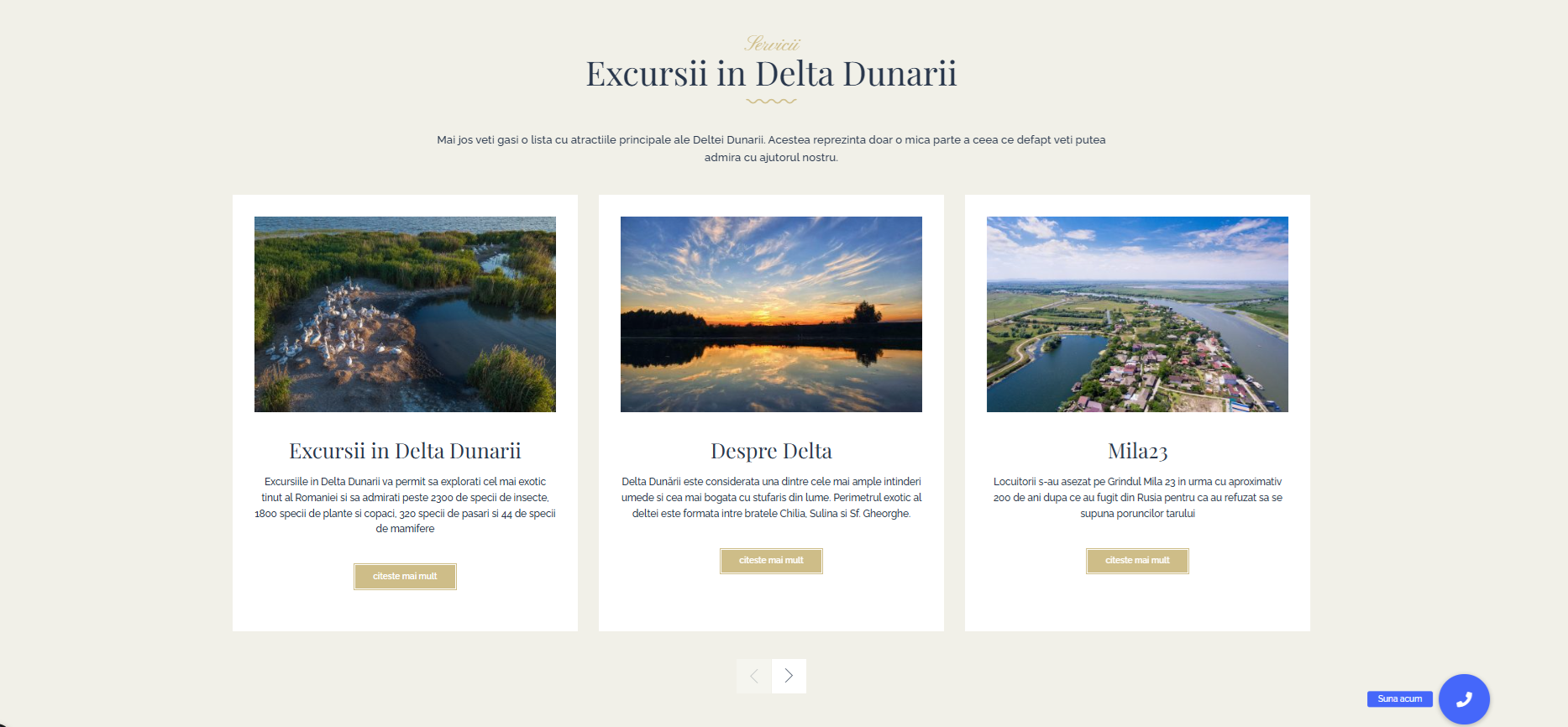 Trips Delta Dunarii excursions section with destination and service cards.