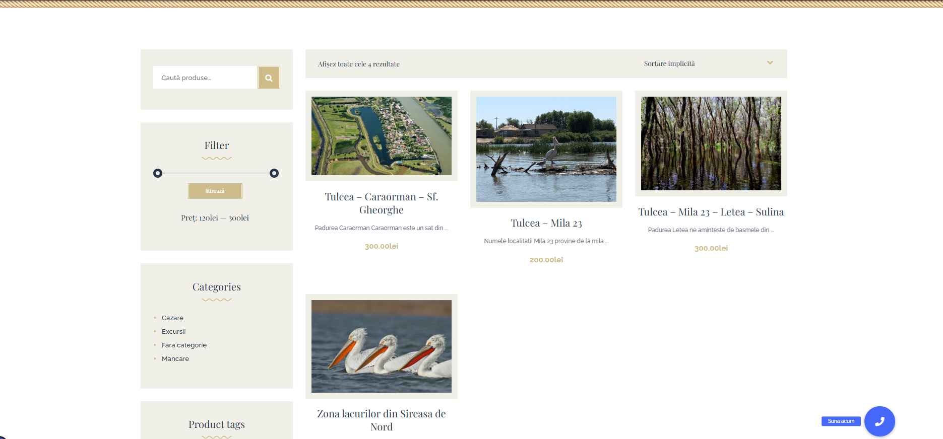 Trips Delta Dunarii listing page for excursions with filters and destination-based entries.